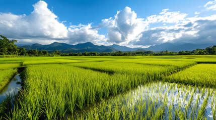 Lush green rice paddies with mountain backdrop and sky reflection