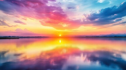 Fototapeta premium A vibrant sunset over a calm lake, with the water reflecting the colorful sky above.