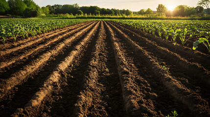 Freshly tilled soil in neat rows ready for planting