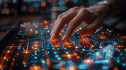 A software engineer uses a digital tablet with an internet network connection to interact with advanced software technology