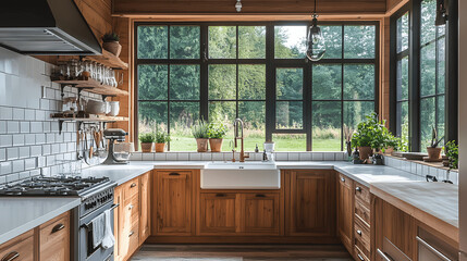 Farmhouse kitchen with wooden cabinets and white subway tile backsplash