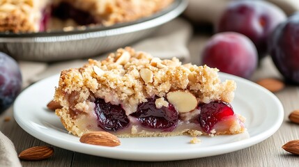 A slice of plum pie is on a white plate