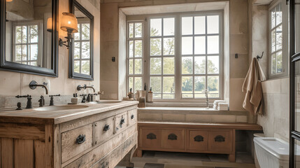 Farmhouse-style bathroom with wooden vanity and large windows