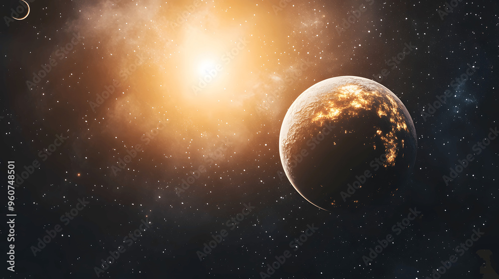 Canvas Prints distant exoplanet with glowing atmosphere and moons in space