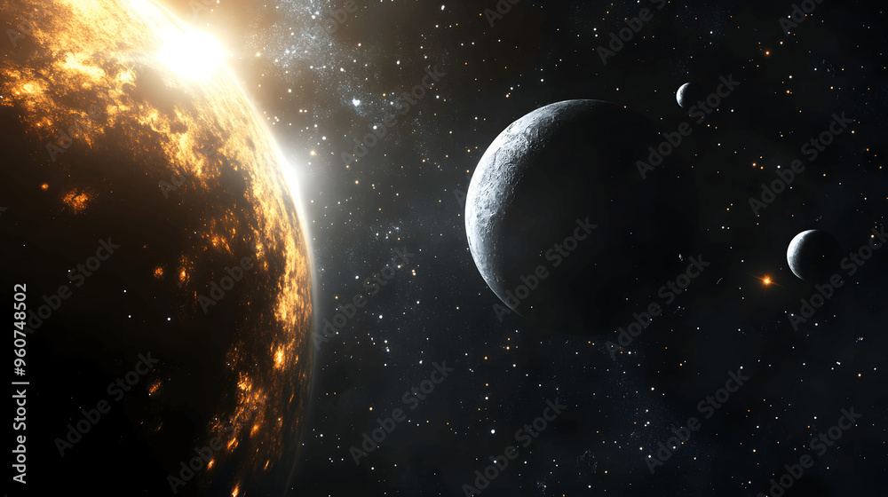 Canvas Prints distant exoplanet with glowing atmosphere and moons in space