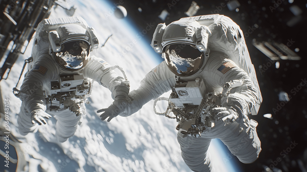Canvas Prints two astronauts touching hands in space with earth in the distance