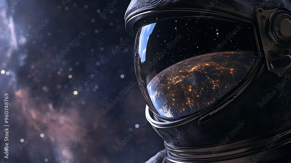 Canvas Prints astronaut helmet reflecting earth from space with stars and nebulae