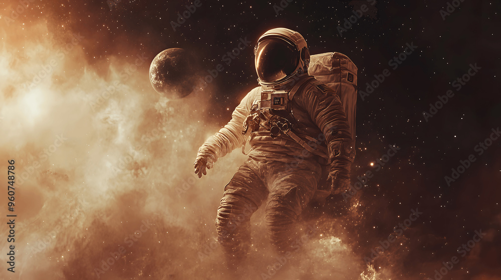Canvas Prints astronaut floating near distant planet with stars and cosmic dust