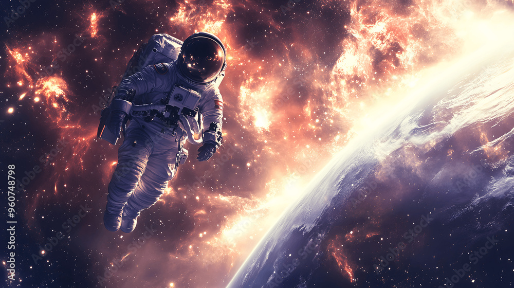 Canvas Prints astronaut floating near distant planet with stars and cosmic dust