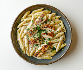 Chicken Penne Pasta with seared sliced pieces of chicken covered in creamy white sauce and parsley dish on table top view