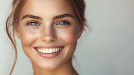 Naklejka premium Woman with natural smile and soft lighting on neutral background