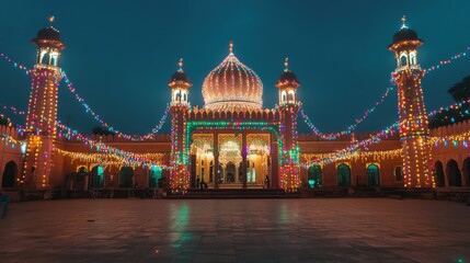 Obraz premium A wide shot of a mosque during a festive occasion, with colorful lights and decorations adorning the building.