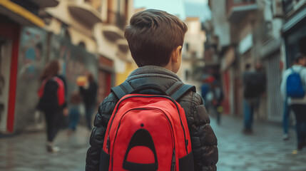 Niño con mochila de camino al colegio 