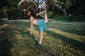 Fototapeta premium A young woman performing a warm-up stretch in a sunny park, preparing for dance. She wears headphones and a blue skirt, embodying focus and grace in a natural setting.