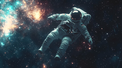 Astronaut floating in deep space with stars and galaxies