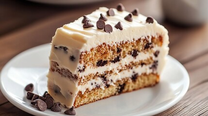 A slice of cake with chocolate chips on top