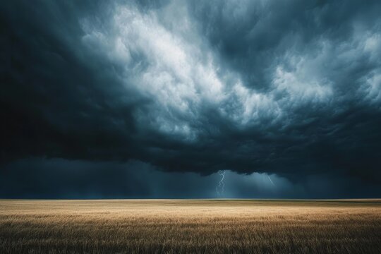 Dark storm clouds and rain rolling over wide open fields of farmland, with distant thunder 