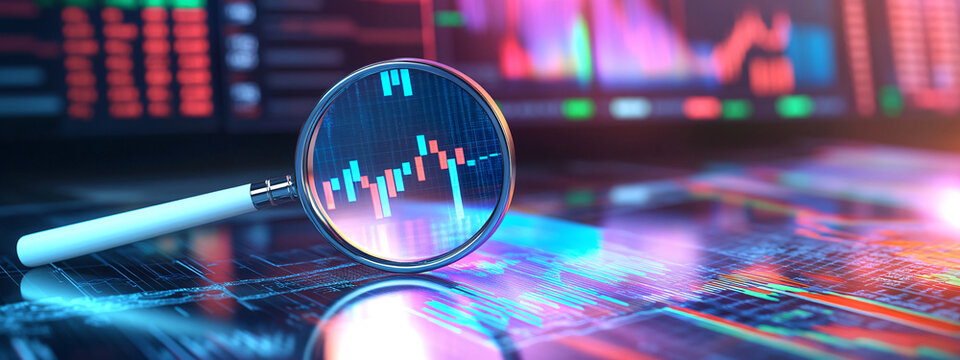 Business stock financial concept of a Magnifying glass over stock market charts and graphs on a digital screen, data strategy, blurred bokeh on background, business investment profit research