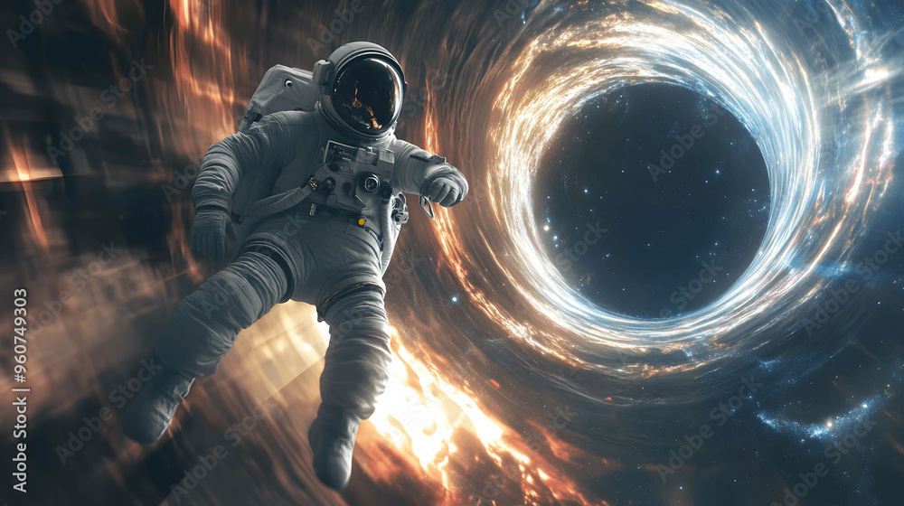 Canvas Prints astronaut floating near a black hole with light bending around