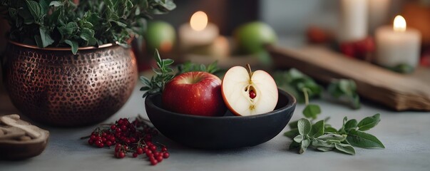 Red apples, berries and herbs for pagan ritual on dark background with burning candles. Mabon sabbat, Samhain, Yule. Autumn equinox holiday. Wiccan pagan religion. Magic esoteric spiritual ritual