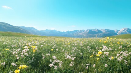 Fototapeta premium A wide-open meadow with wildflowers in full bloom, under a clear blue sky.