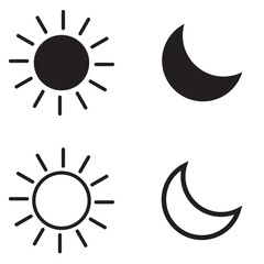 Sun and moon icons, vector, silhouette. Sun and moon icon with stroke line. Day and night icon set. Sun moon icon illustration isolated on white background. Vector illustration.