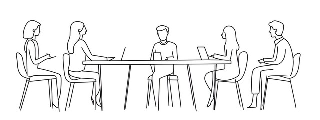 A simple line drawing of five people sitting around a table, talking against a white background