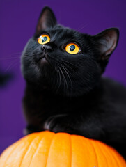 Cat with large yellow eyes on top of an orange pumpkin against a backdrop of purple