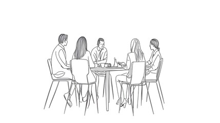 A simple line drawing of five people sitting around a table, talking against a white background