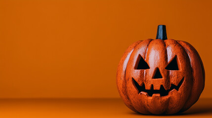 Spooky halloween pumpkin with a mischievous grin on an orange background, perfect for festive decor. Great for cards, invites, and banners