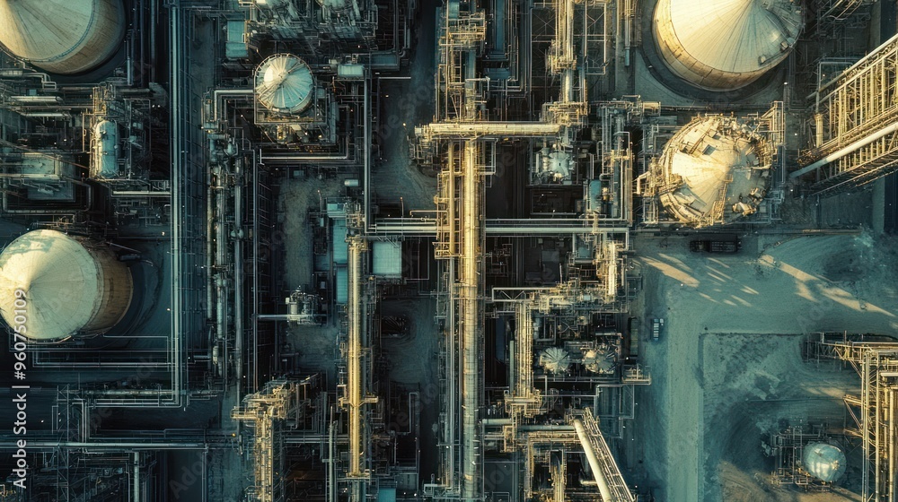 Poster aerial view of an industrial complex with large storage tanks and piping