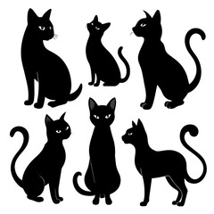 A collection of black silhouette cats in different poses highlighting their playful demeanor and individual body language in a minimalist art style
