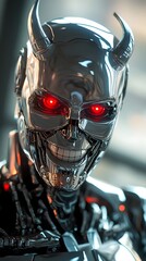 Fototapeta premium Robotic villain with blazing red eyes and burning hot aura