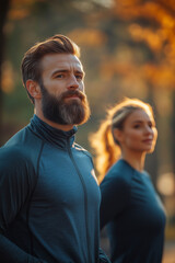 Fototapeta premium Couple engaging in morning stretches surrounded by nature to energize their day
