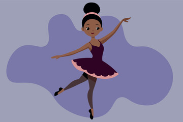 Vector illustration classical ballet African girl ballet dancer in black tutu and pointe shoes dancing