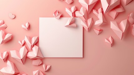 Valentine's Day themed mockup with pink origami hearts for product showcasing and card presentation.