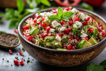 A vibrant quinoa salad with fresh ingredients, showcasing pomegranate seeds and avocado in a rustic wooden bowl