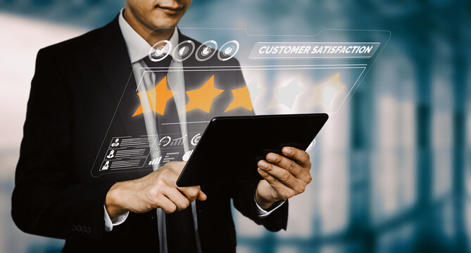 Customer review satisfaction feedback survey concept. User give rating to service experience on online application. Customer can evaluate quality of service lead to reputation ranking of business. uds