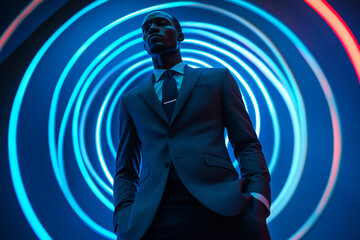 Chic Mens Charcoal Gray Suit with Solid Neon Blue Contemporary Lifestyle Portrait Background