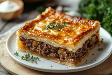 Indulge in a warm, mouth-watering savoury meat pie featuring rich beef filling, perfect for sharing at family gatherings on a cozy afternoon