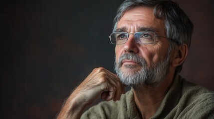 Fototapeta premium A man with glasses and a beard gazes thoughtfully into the distance, lost in deep reflection during a calm evening. Generative AI
