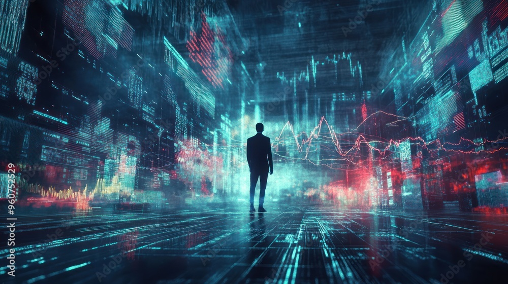 Aufkleber silhouette of a man standing before a wall of digital data