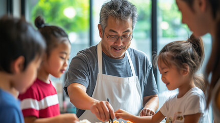 Obraz premium Asian Grandfather Teaching Children to Cook in Bright Kitchen, Chef Day