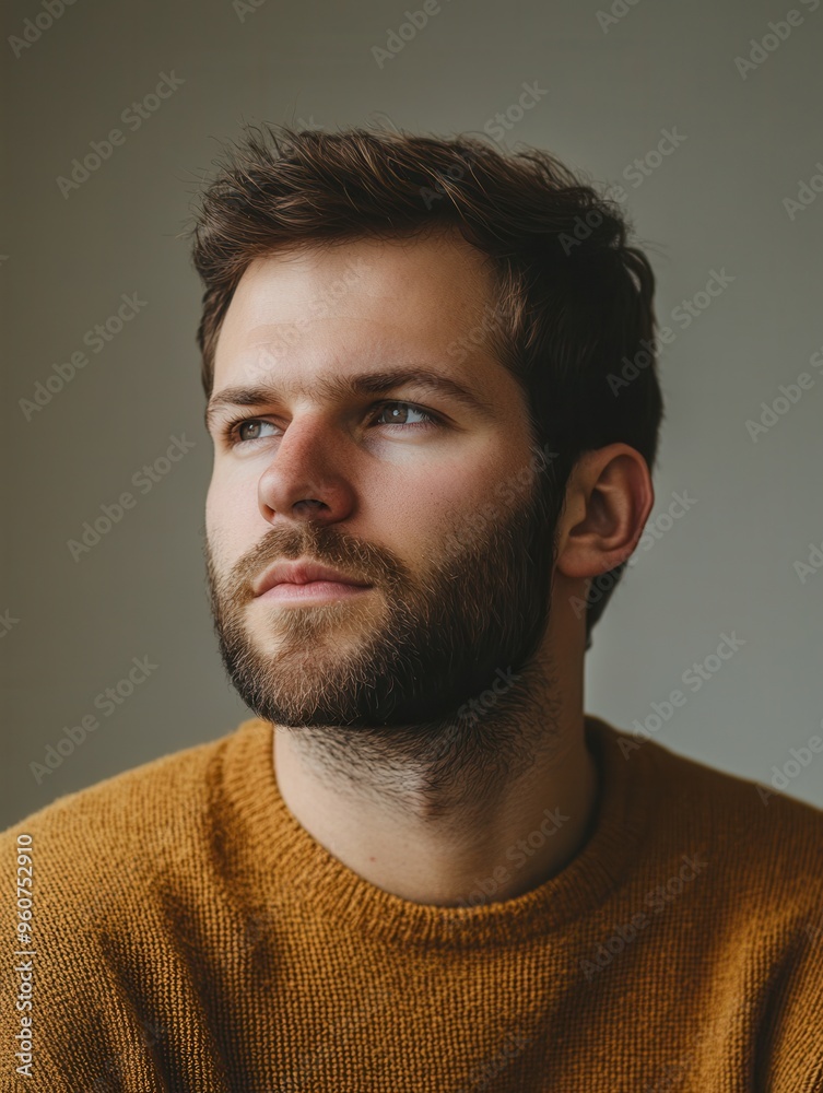 Aufkleber a man contemplates deeply with a serious expression, dressed in a cozy sweater while surrounded by s