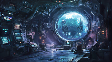 Artistic concept painting of a futuristic space station interior, background illustration. Space Station. Illustration