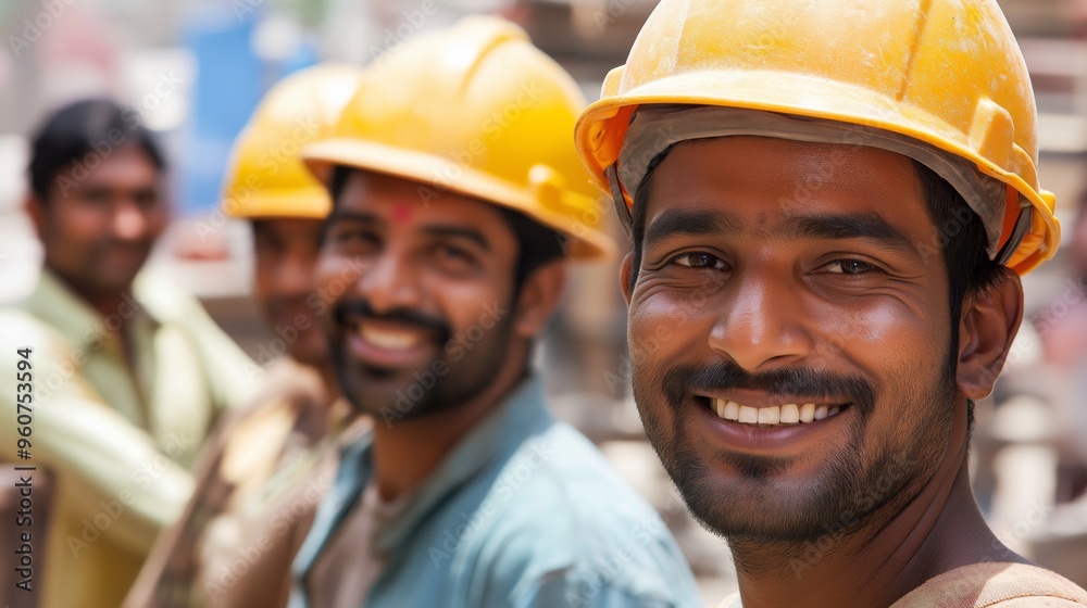 Wall mural smiling indian construction workers wearing yellow hard hats, working together outdoors under the br