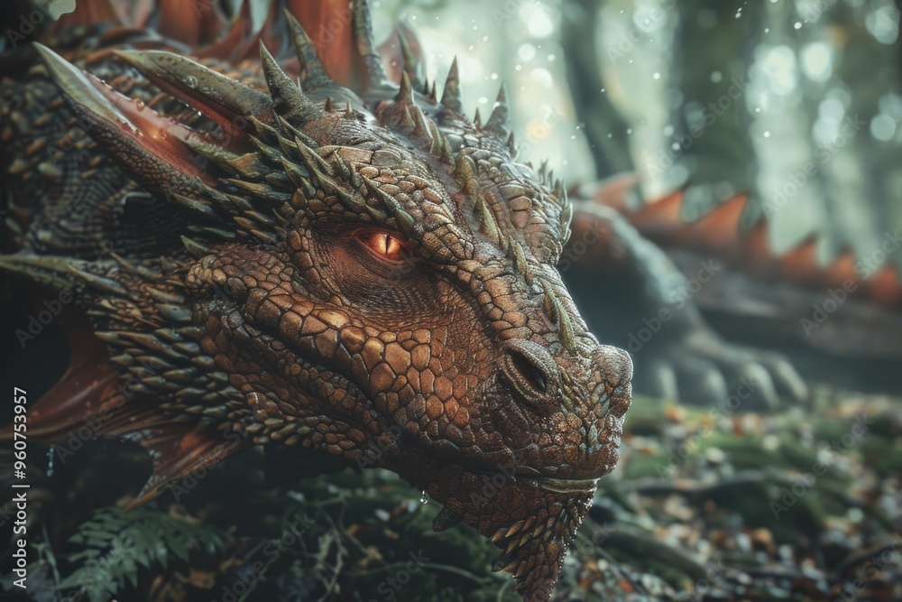Poster a close-up view of a dragon's head amidst the trees in a dense forest