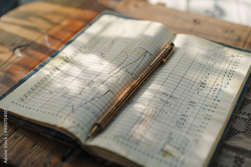 Poster A notebook lying open on a wooden table with a rustic feel
