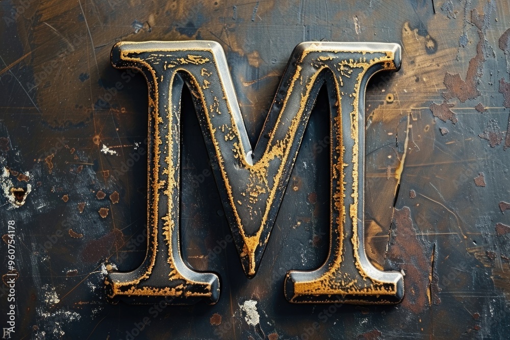 Poster a close-up shot of a metal letter m, ideal for use in designs related to mathematics, architecture o