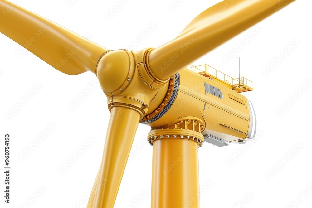 Poster a large yellow wind turbine on a white background, ideal for use in environmental or renewable energ